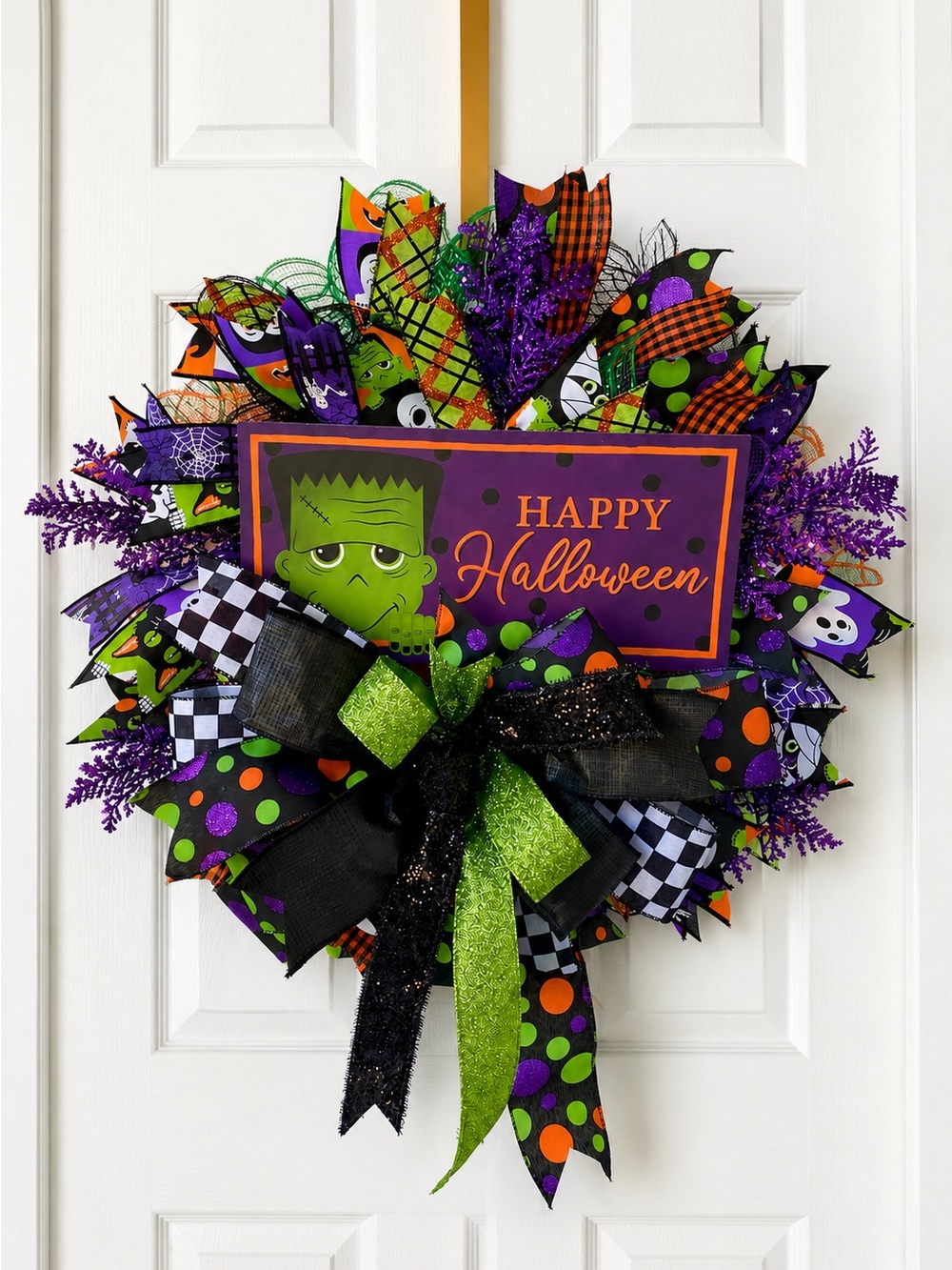 Spooky Frankenstein Halloween Wreath in Purple & Green